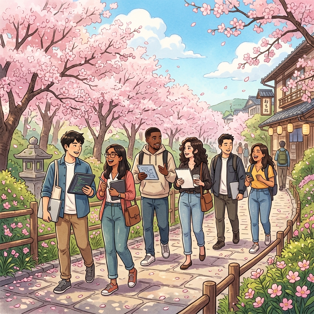 Tech professionals working together Ghibli style